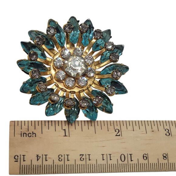 Vtg Floral Starburst Teal and Clear Rhinestone Brooch Pin Gold Tone Statement - Picture 3 of 9